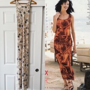 Vintage 90’s tan Floral Midi Dress criss cross back‎ size M
